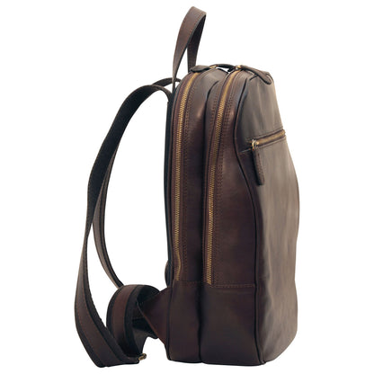 Leather Backpack With Exterior Zip Pockets - Dark Brown