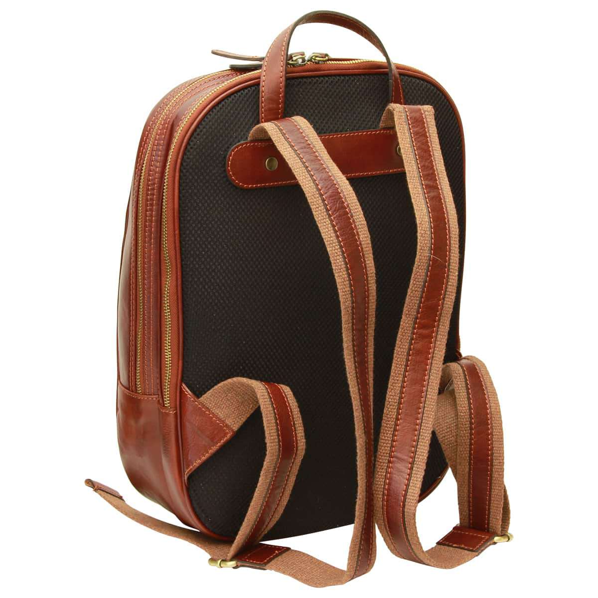 Leather Backpack With Exterior Zip Pockets - Brown
