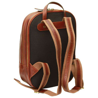 Leather Backpack With Exterior Zip Pockets - Brown