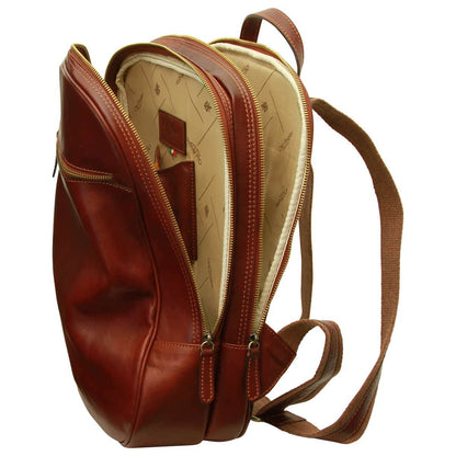 Leather Backpack With Exterior Zip Pockets - Brown