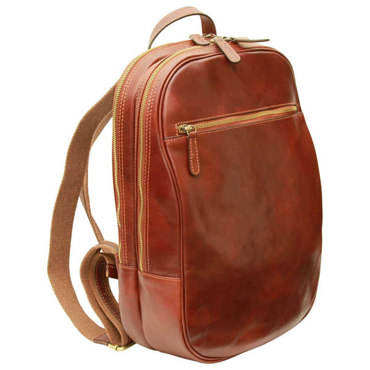 Leather Backpack With Exterior Zip Pockets - Brown