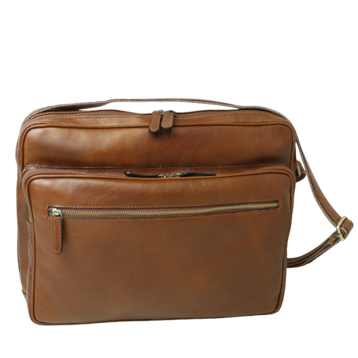 Large Leather Bag With Zip Closures -Chestnut