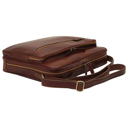 Large Leather Bag With Zip Closures - Brown