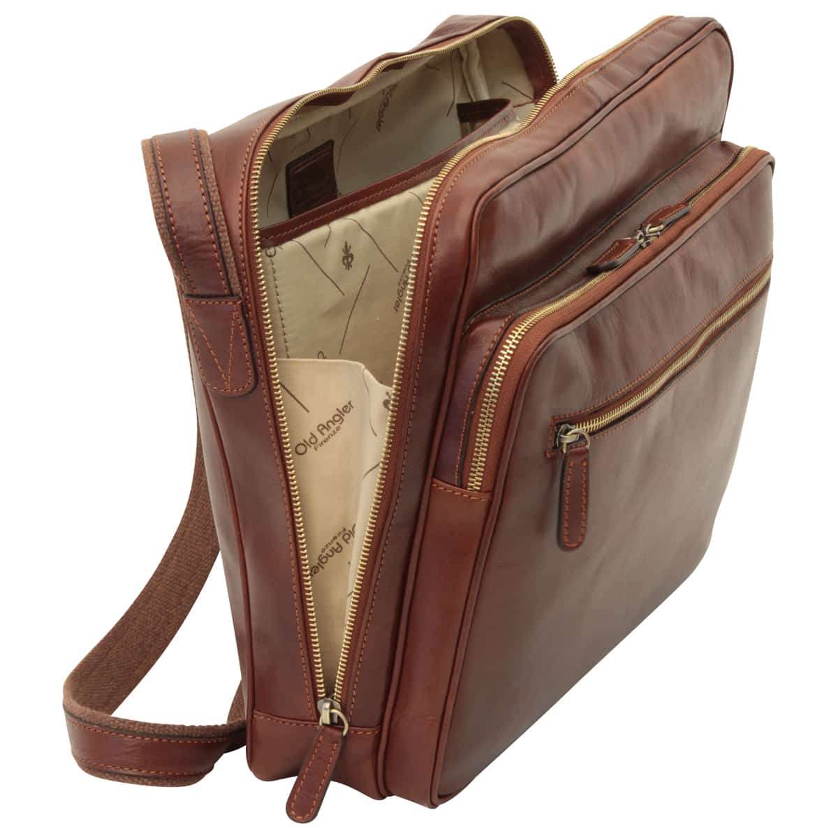 Large Leather Bag With Zip Closures - Brown