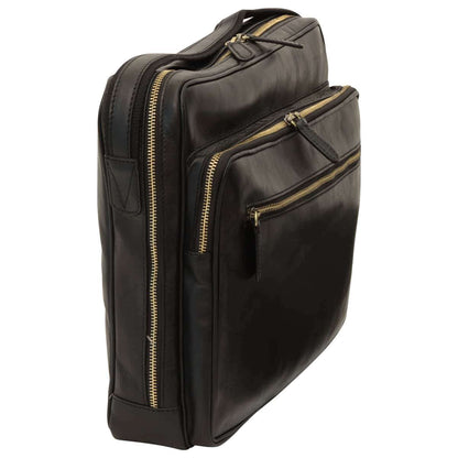 Large Leather Bag With Zip Closures - Black