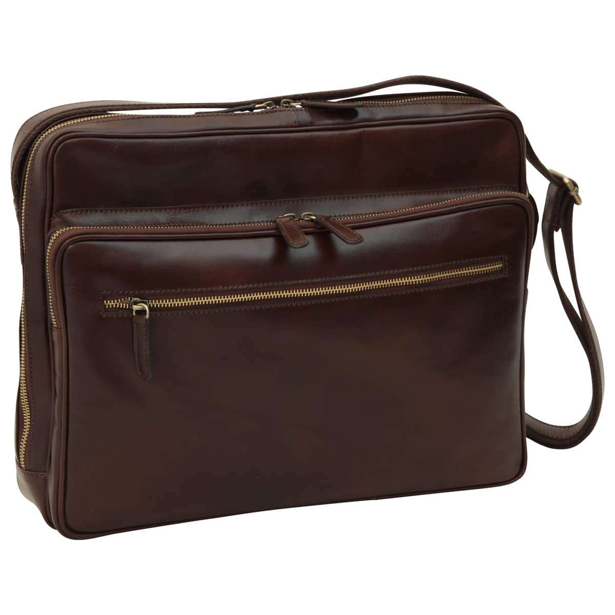 Large Leather Bag With Zip Closures - Dark Brown