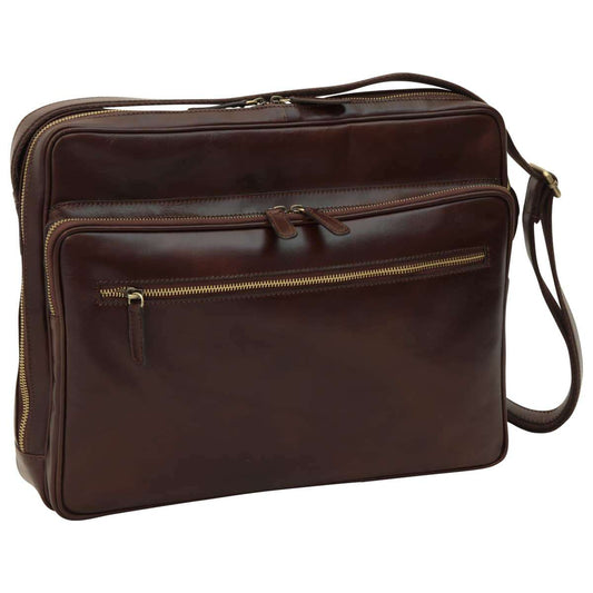 Large Leather Bag With Zip Closures - Dark Brown
