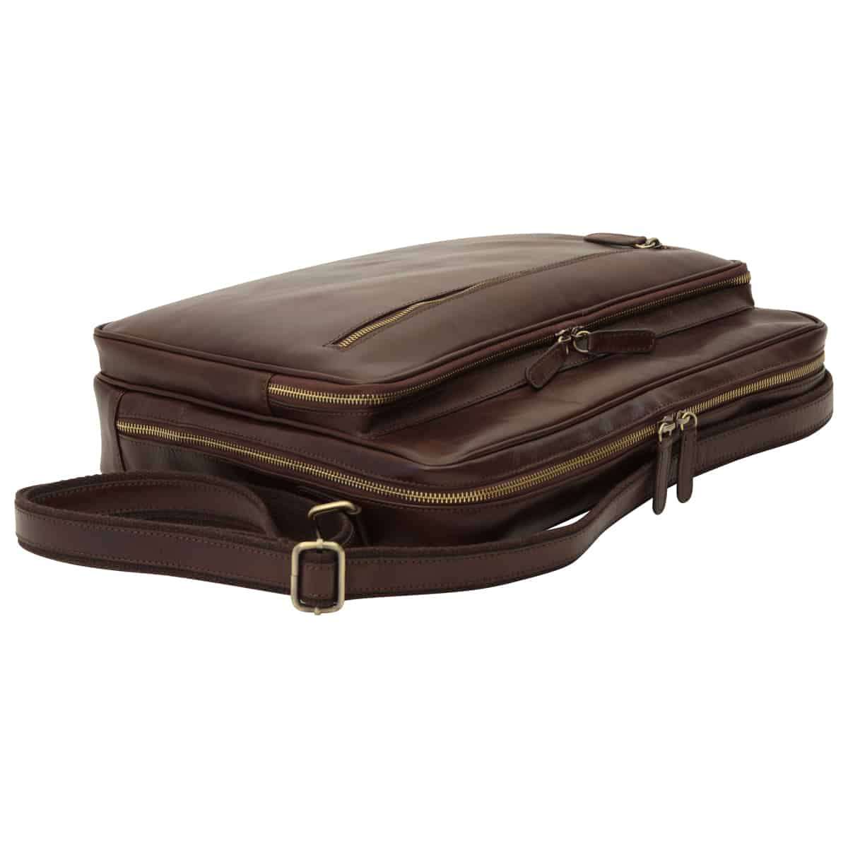 Large Leather Bag With Zip Closures - Dark Brown