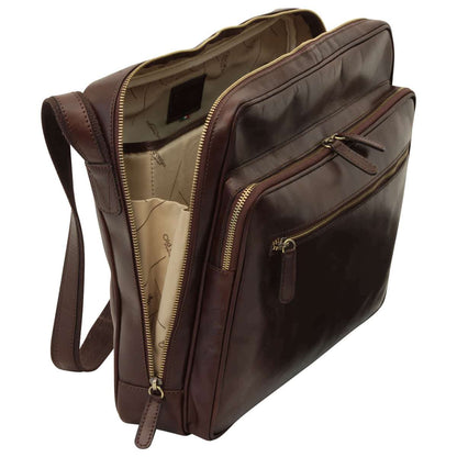 Large Leather Bag With Zip Closures - Dark Brown
