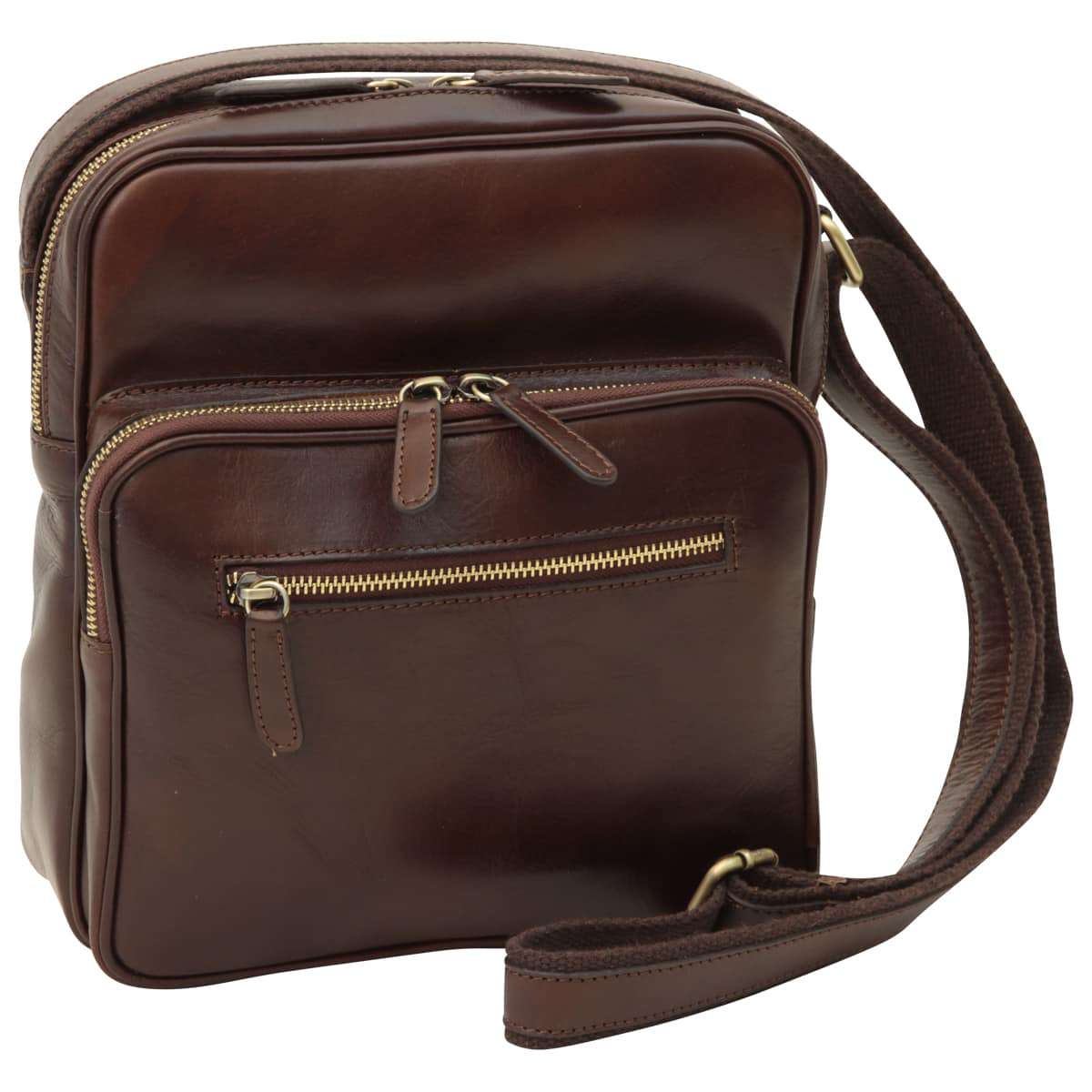 Small Leather Bag With Zip Closures - Dark Brown
