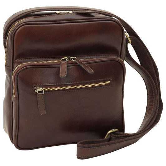 Small Leather Bag With Zip Closures - Dark Brown