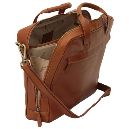 Leather Briefcase With Zip Closure - Brown Colonial