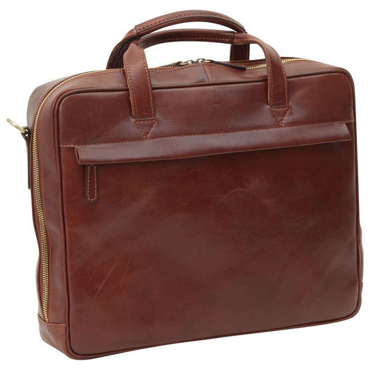 Leather Briefcase With Zip Closure - Brown