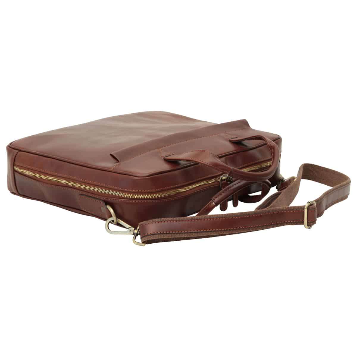 Leather Briefcase With Zip Closure - Brown