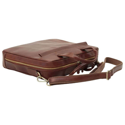 Leather Briefcase With Zip Closure - Brown