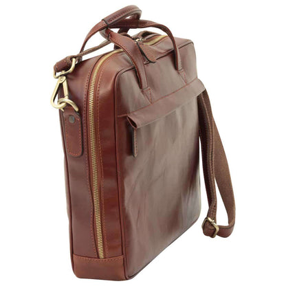 Leather Briefcase With Zip Closure - Brown