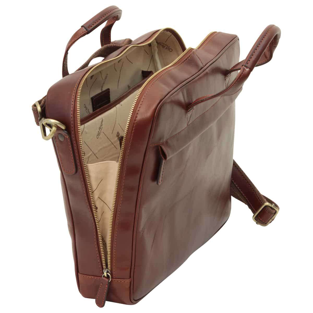 Leather Briefcase With Zip Closure - Brown