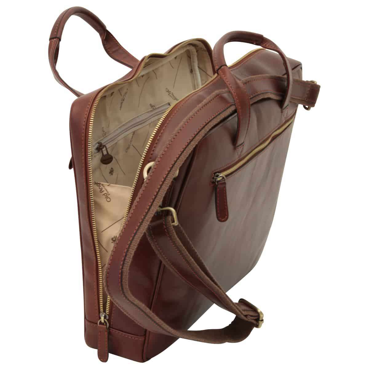 Leather Briefcase With Zip Closure - Brown