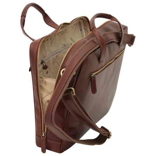 Leather Briefcase With Zip Closure - Brown