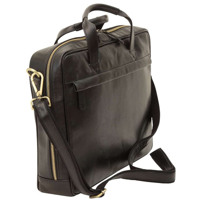 Leather Briefcase With Zip Closure - Black