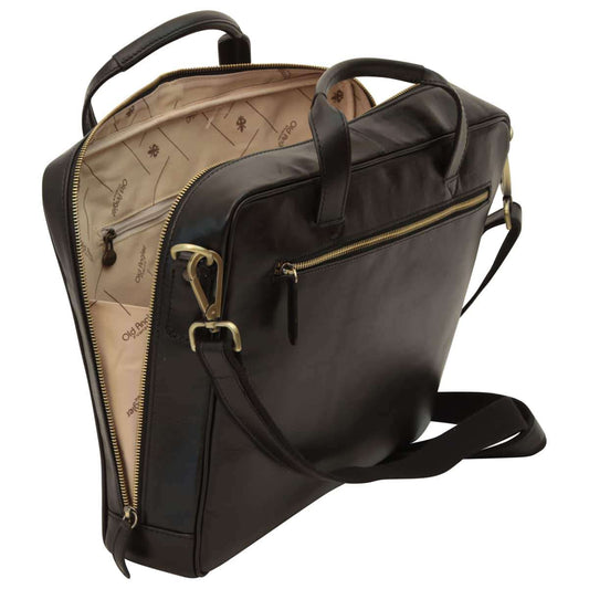 Leather Briefcase With Zip Closure - Black