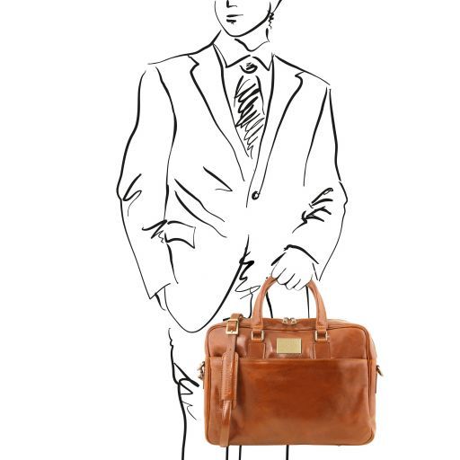 Urbino - Leather laptop briefcase with front pocket